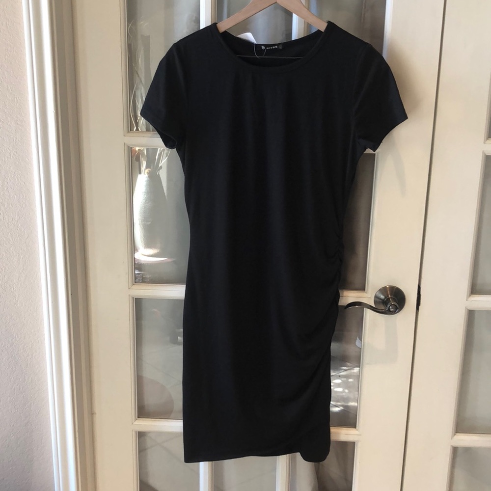 BTFBM Women's black Casual Dress Crew Neck Short Sleeve Ruched Stretchy Bodycon